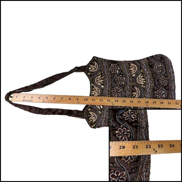 K&K VTG Table Tops Chocolate Brown Satin Floral Embroidered Sequin Shoulder Bag - Picture 11 of 13